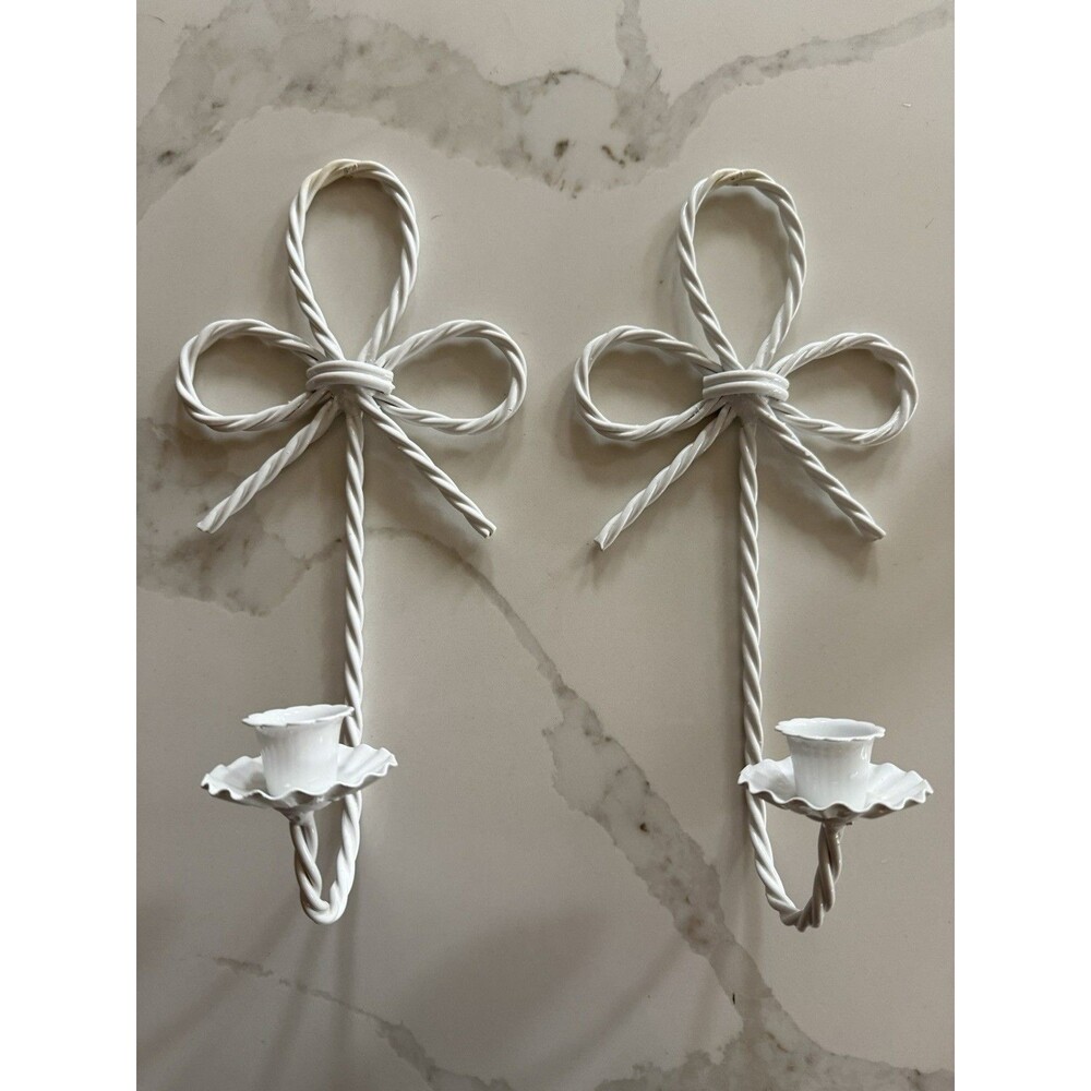 Vintage Set of 2 White Metal Bow Wall Sconces Twisted Rope Shabby Chic Decor